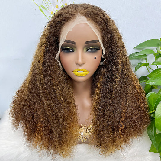 Double Drawn 13*4 Lace Wig Kinky Curl  Lace Wig Color P4/27# 300% Density