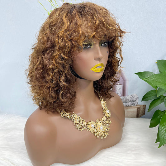 DD Wig With Bangs Water Wave Machine Human Hair Wig Color P4/27#
