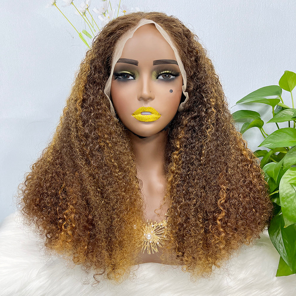 Double Drawn 13*4 Lace Wig Kinky Curl  Lace Wig Color P4/27# 300% Density