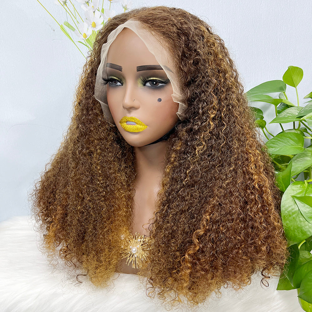 Double Drawn 13*4 Lace Wig Kinky Curl  Lace Wig Color P4/27# 300% Density