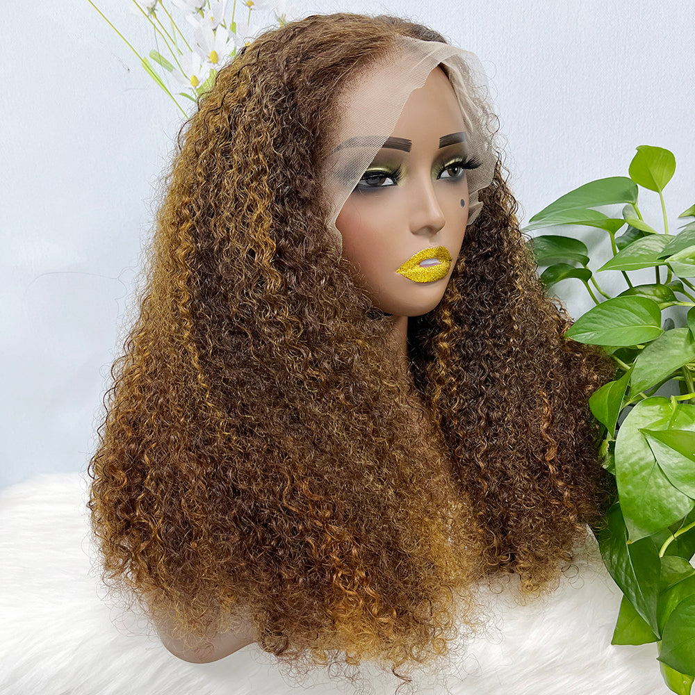 Double Drawn 13*4 Lace Wig Kinky Curl  Lace Wig Color P4/27# 300% Density