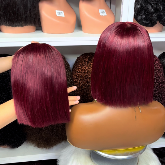 Super Double Drawn 5x5 Glueless Bob Wig Human Hair Lace Wigs Wine Color 99J 12"