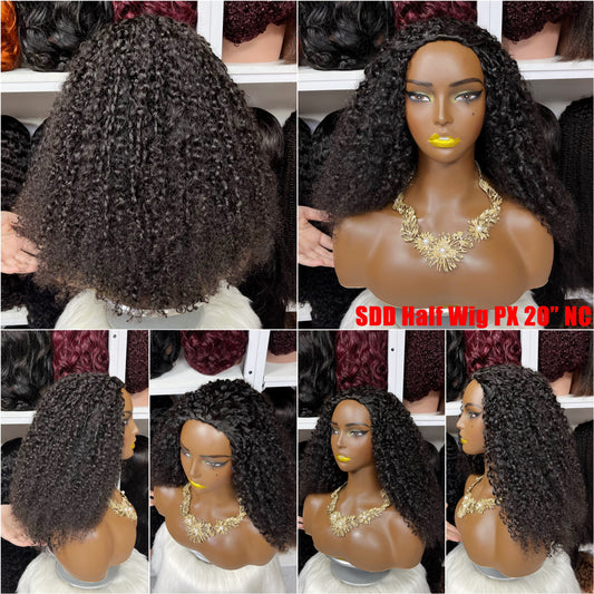 SDD Half Wig Pixie Curl Human Hair Wigs Natural Color 300% Density 12"-30"