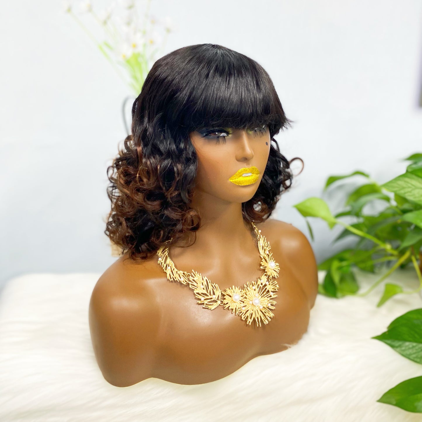 Fringe Wig LW Brazilian Natural Human Hair Wig Color T1B/4#