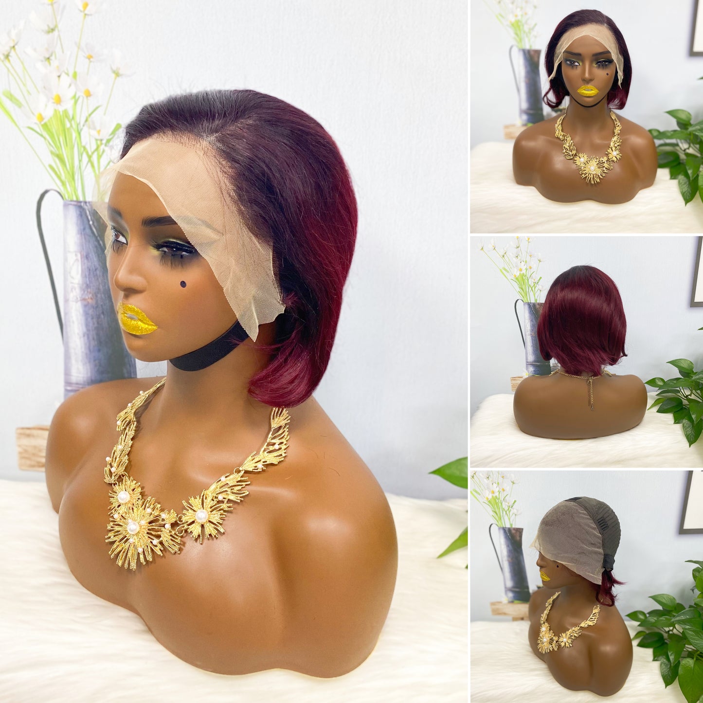 Perruque Lace Wig 13*4, cheveux humains vierges naturels, coupe Pixie, couleur T1B/30 #