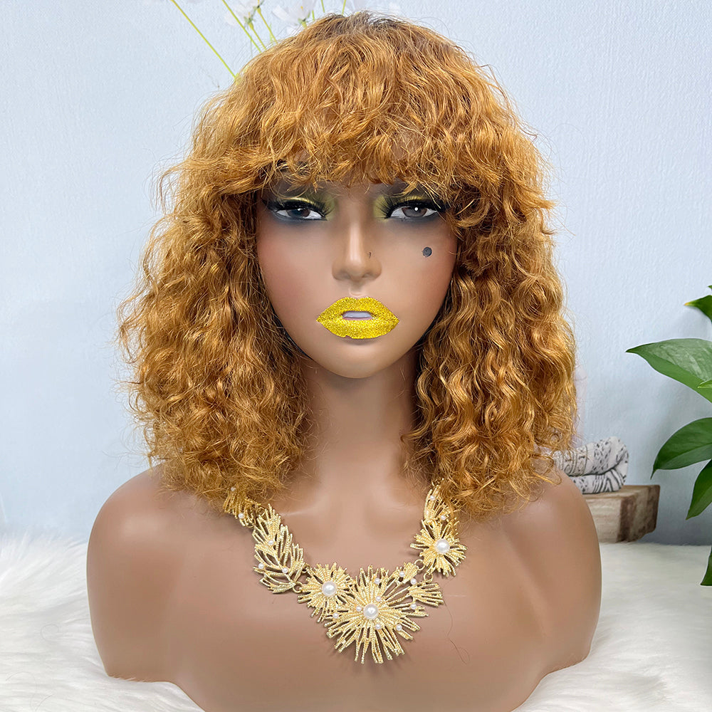 DD Wig With Bangs Water Wave Machine Human Hair Wig Color T1B/30#