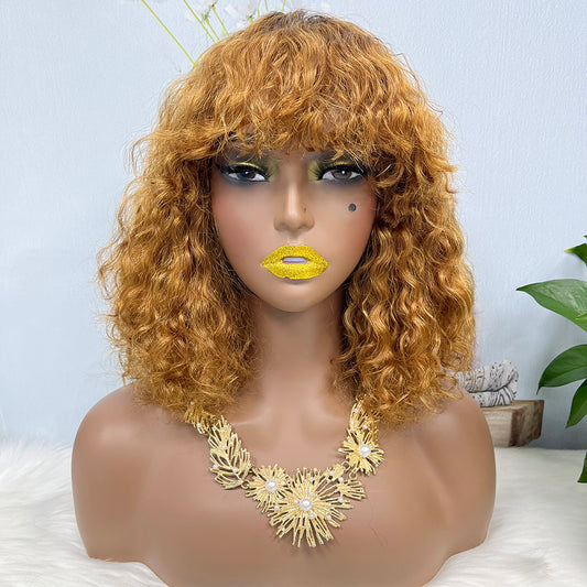 DD Wig With Bangs Water Wave Machine Human Hair Wig Color T1B/30#