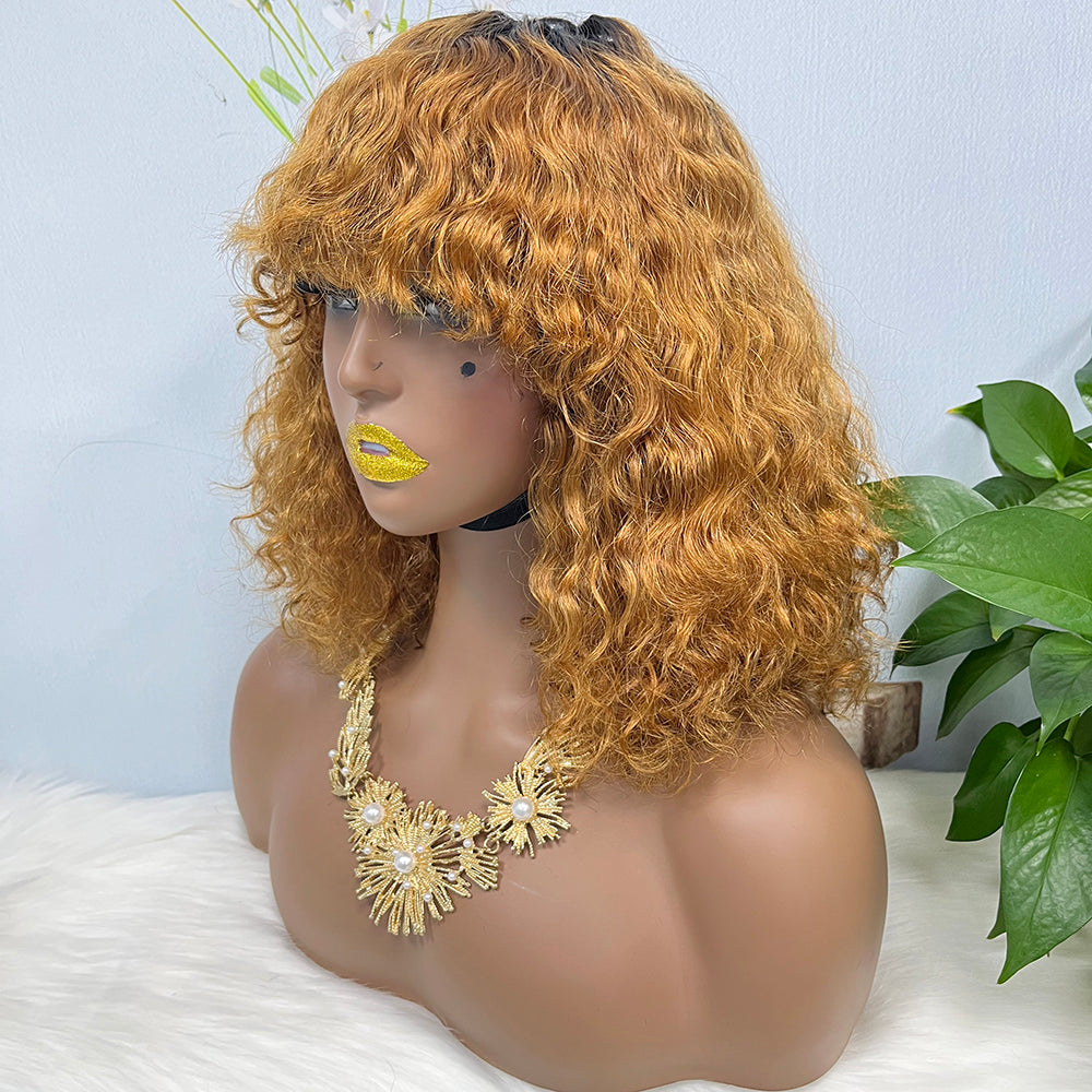 DD Wig With Bangs Water Wave Machine Human Hair Wig Color T1B/30#