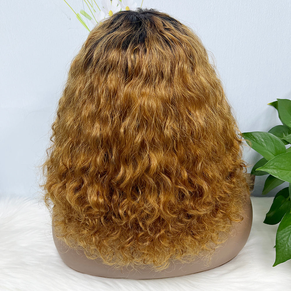 DD Wig With Bangs Water Wave Machine Human Hair Wig Color T1B/30#