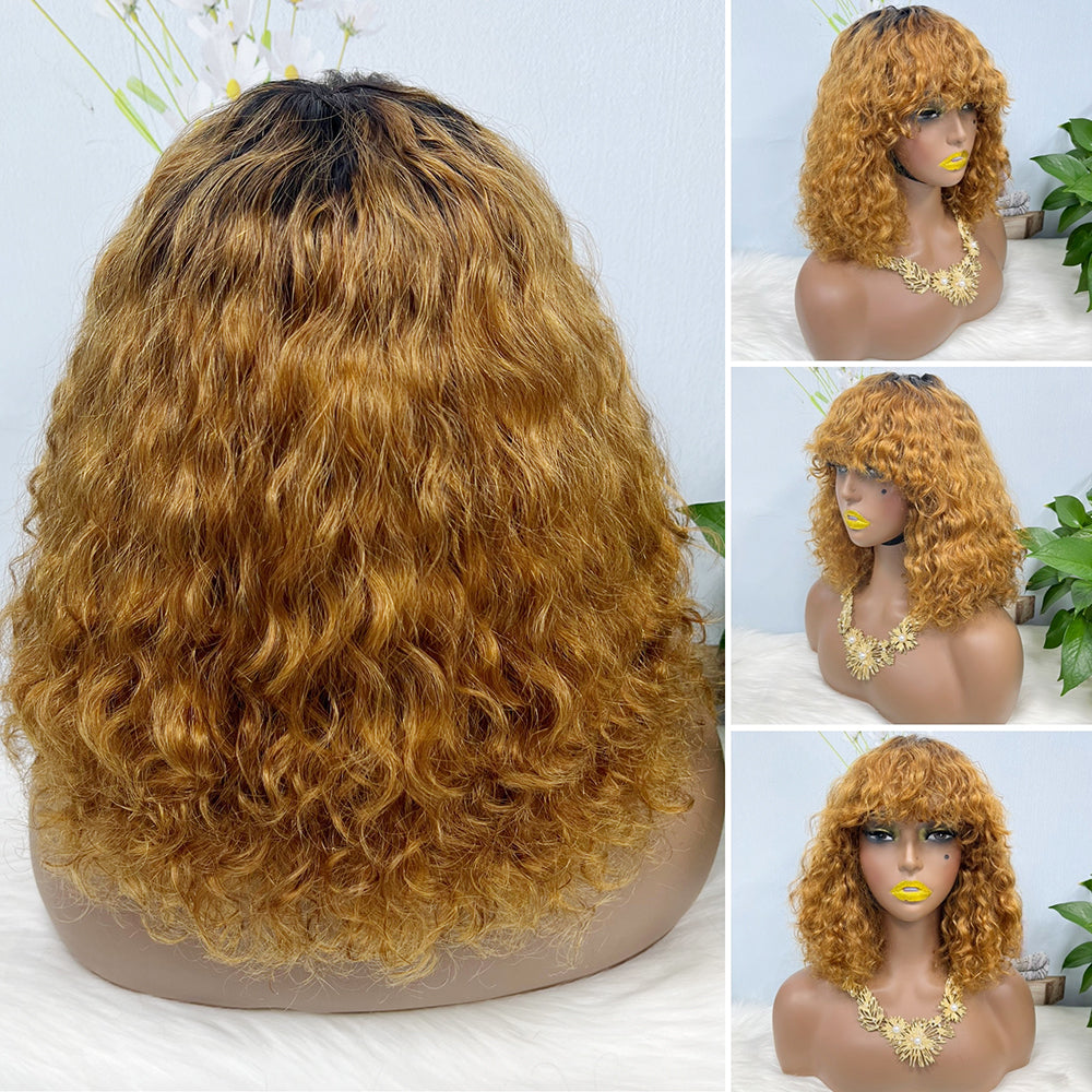 DD Wig With Bangs Water Wave Machine Human Hair Wig Color 1B