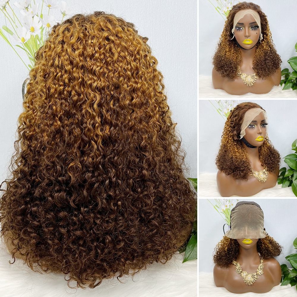 Double Drawn 13*4 Wig Pixie Curl Natural Color Lace Wigs Color T4/30/4# 250% Density