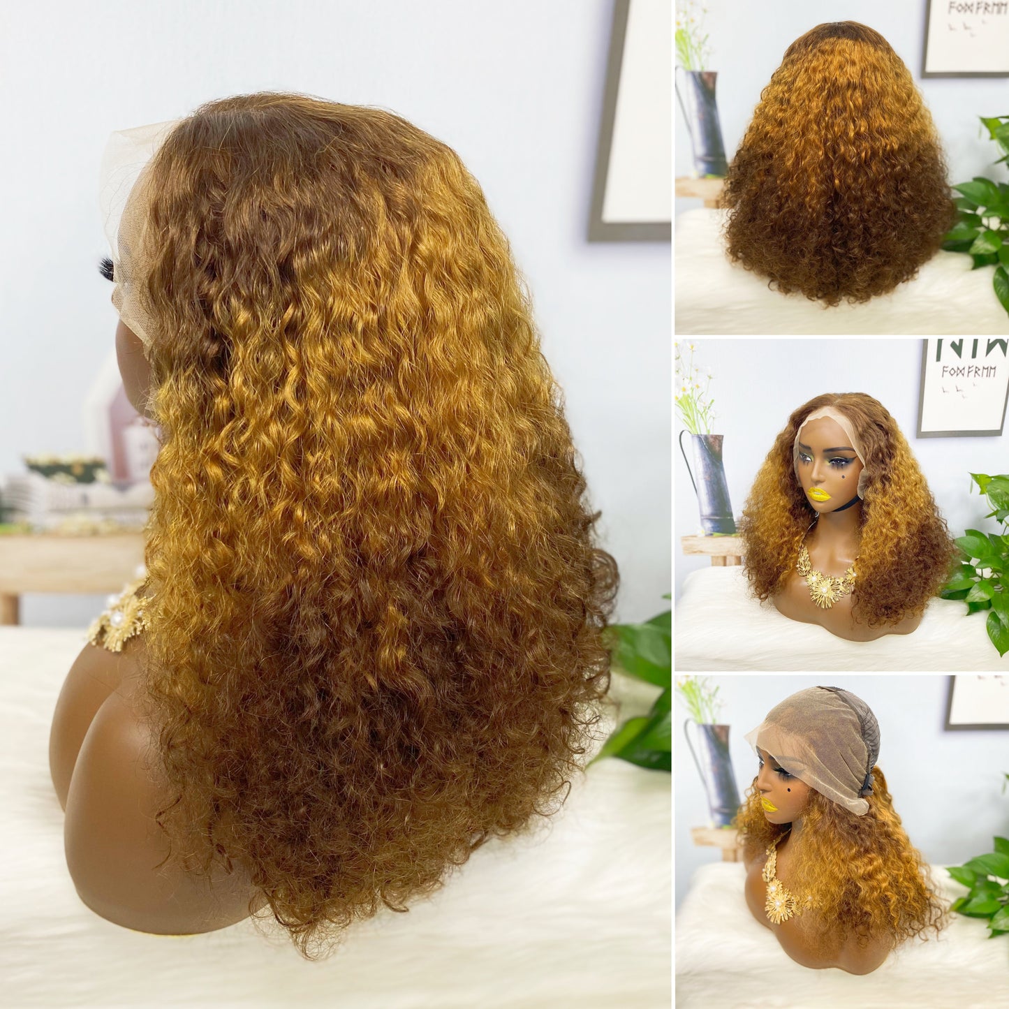 Double Drawn 13*4 Lace Wig Pissy Curly Natural Human Hair Lace Wigs Color T4/30/4# 250% Density