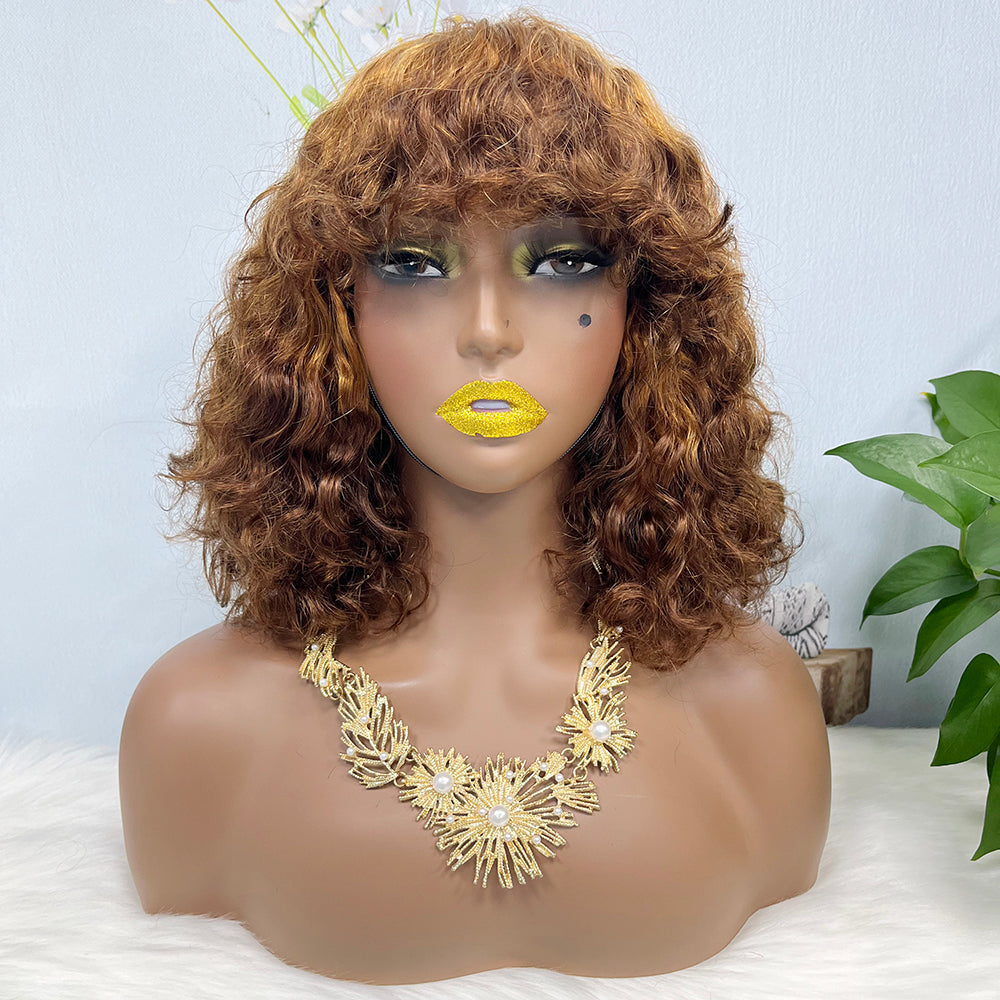 DD Wig With Bangs Water Wave Machine Human Hair Wig Color T30/4#