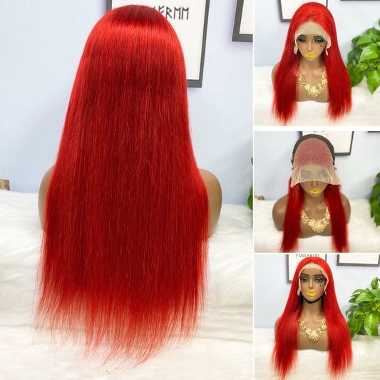 13*4 Lace Wig Straight Natural Virgin Human Hair Lace Wigs Color Red 250% Density