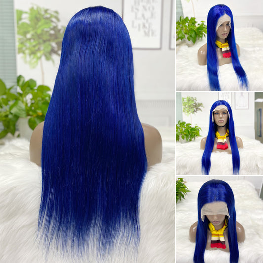 13*4 Lace Wig Straight Natural Human Hair Lace Wigs Color Blue 250% Density