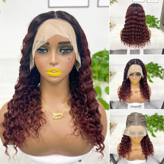 Perruque Lace Wig Deep Wave naturelle, cheveux humains, couleur T1B/99J, 20 pouces