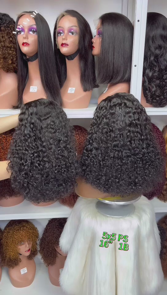 Double Drawn 5x5 Glueless Lace Wig Pissy Curl Curly Human Hair Wigs 16" Ombre Color 1B