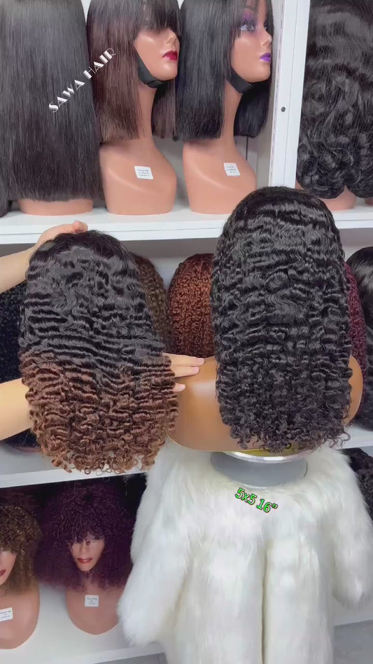 Double Drawn 5*5 Glueless Wig Burmese Curl Human Hair Wigs Natural Color 16"