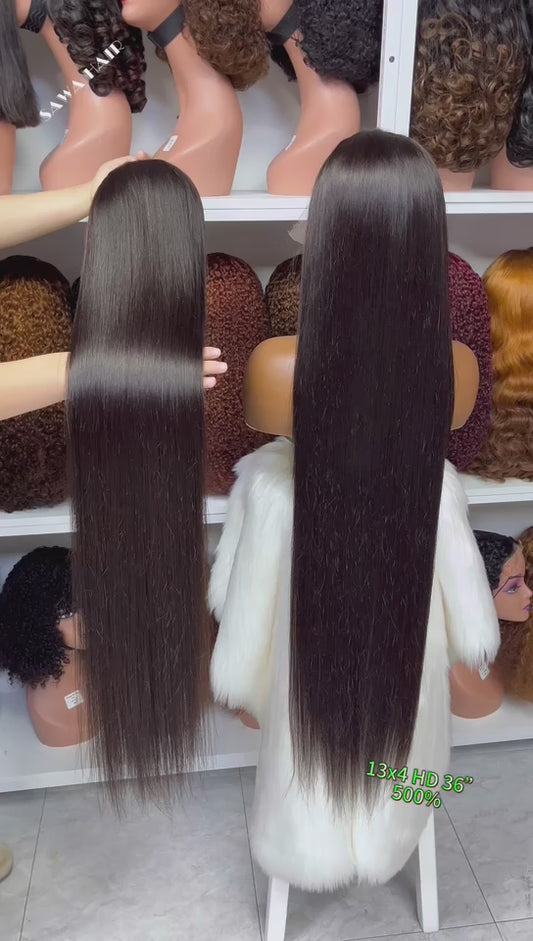 34"-40" 13x4 Swiss HD Lace Wig Straight Burmese Human Hair Wigs Natural Color 500% Density