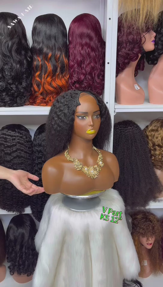 V Part Wig Kinky Straight Human Hair Wigs Natural Color 300% Density 12"-32"