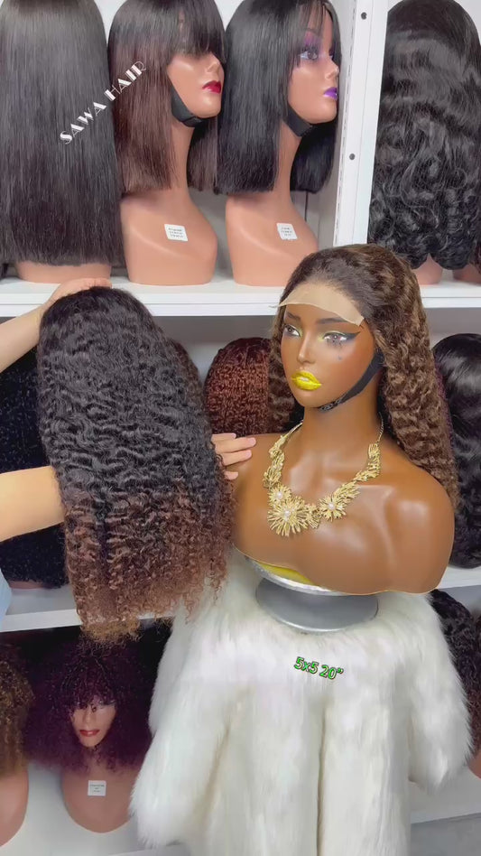 Double Drawn 5*5 Glueless Wig Burmese Curl Human Hair Wigs  Color T1B/4# 20"