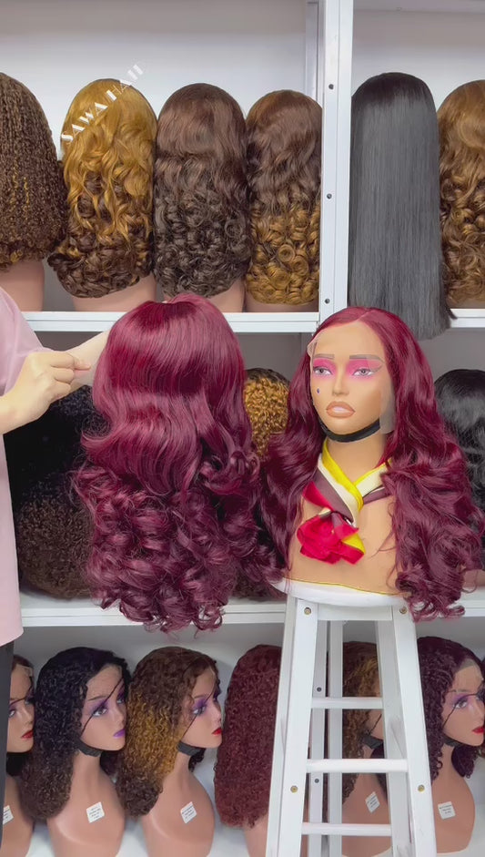 Double Drawn 13*4 GluelessLace Wig Romance Curl Natural Human Hair Lace Wigs Wine Color 99J 20"
