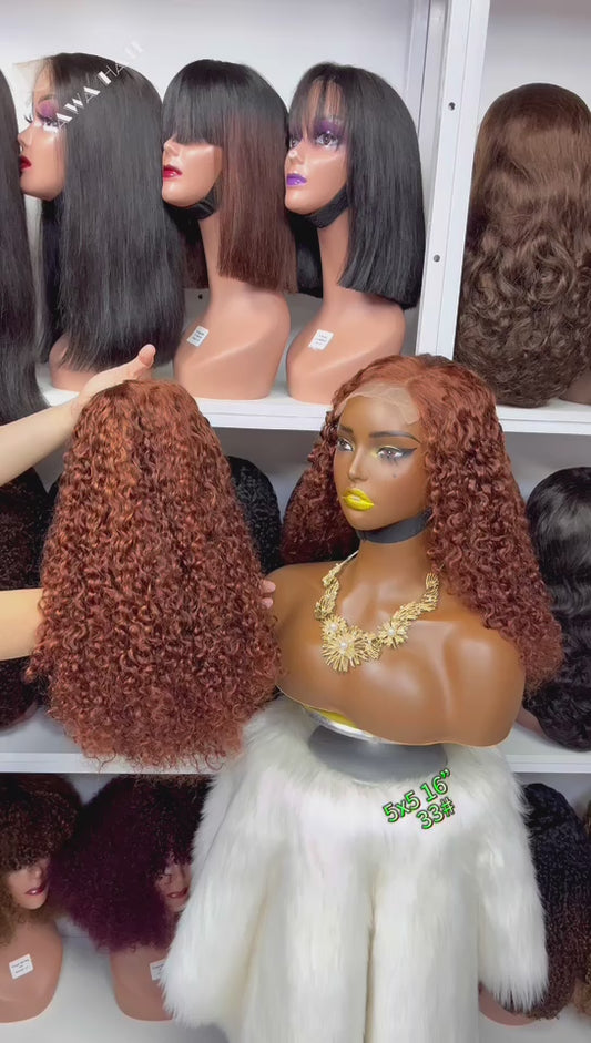 16" Double Drawn 5x5 Glueless Wig Pixie Curl Natural Human Hair Lace Wigs Ginger Color 33#