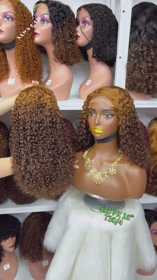 16" Double Drawn 5x5 Glueless Wig Pixie Curl Natural Human Hair Lace Wigs Ombre Color T30/4