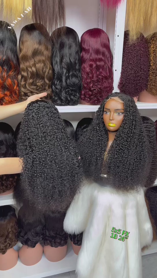 26" Double Drawn 5x5 Glueless Wig Pixie Curl Natural Human Hair Lace Wigs Ombre Color 1B