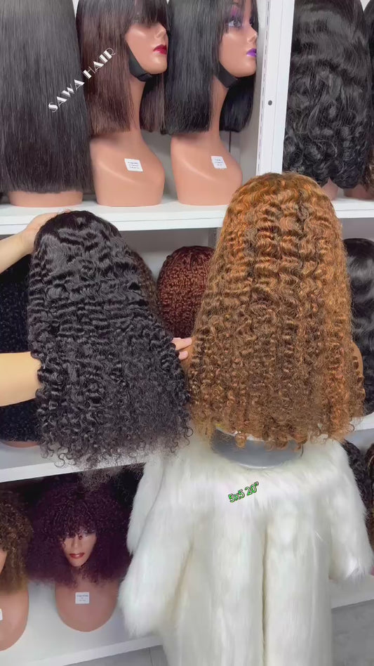 Double Drawn 5*5 Glueless Wig Burmese Curl Human Hair Wigs Color 99J 20"