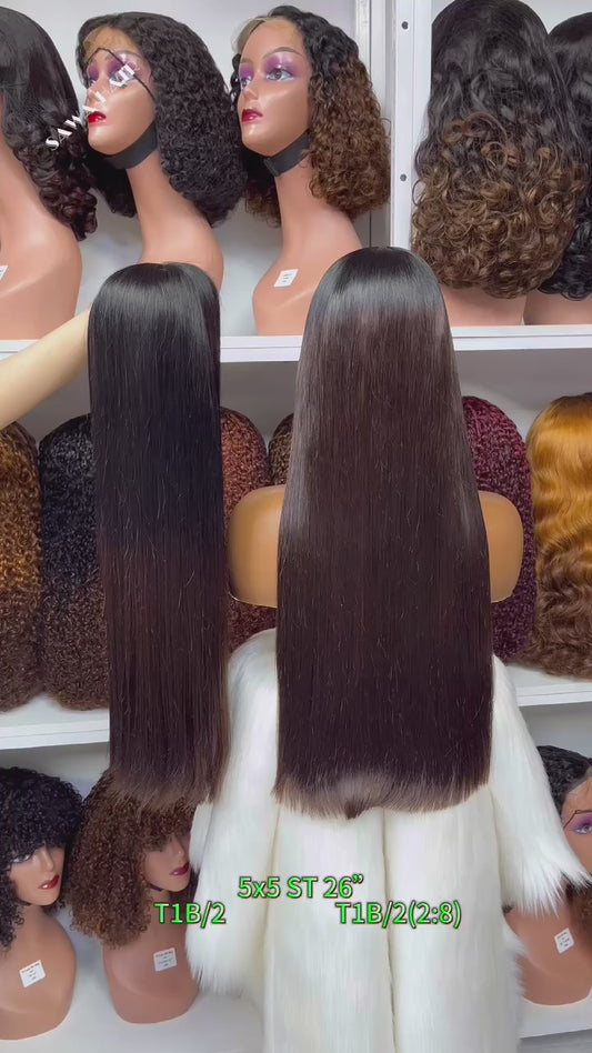 Super Double Drawn 5*5 Glueless Lace Wig Bone Straight Human Hair Wigs 26" Color T1B/2#