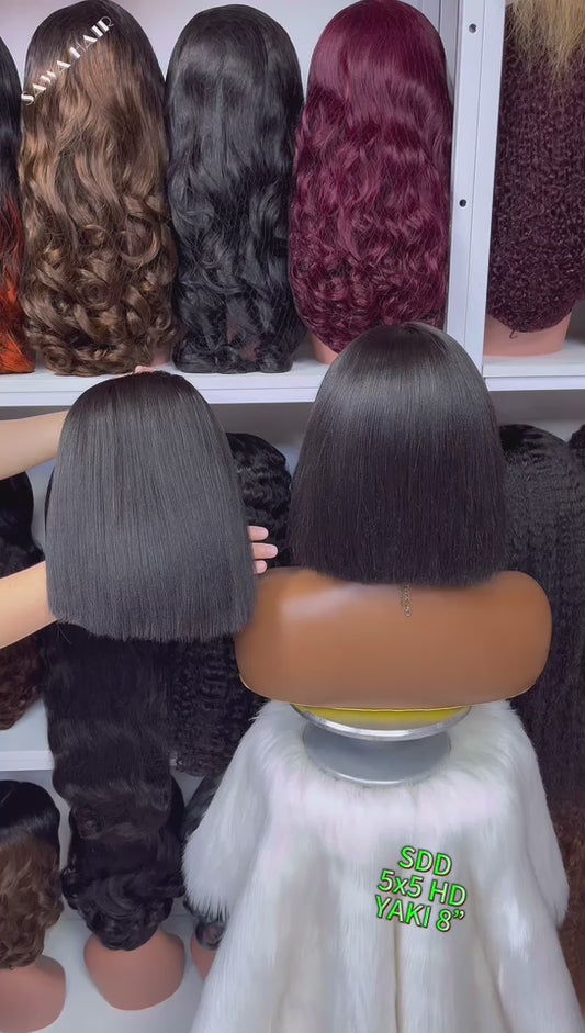 Super Double Drawn 5*5 HD  Bob Wig Yaki  Human Hair Lace Wig Color NC 8"-12"