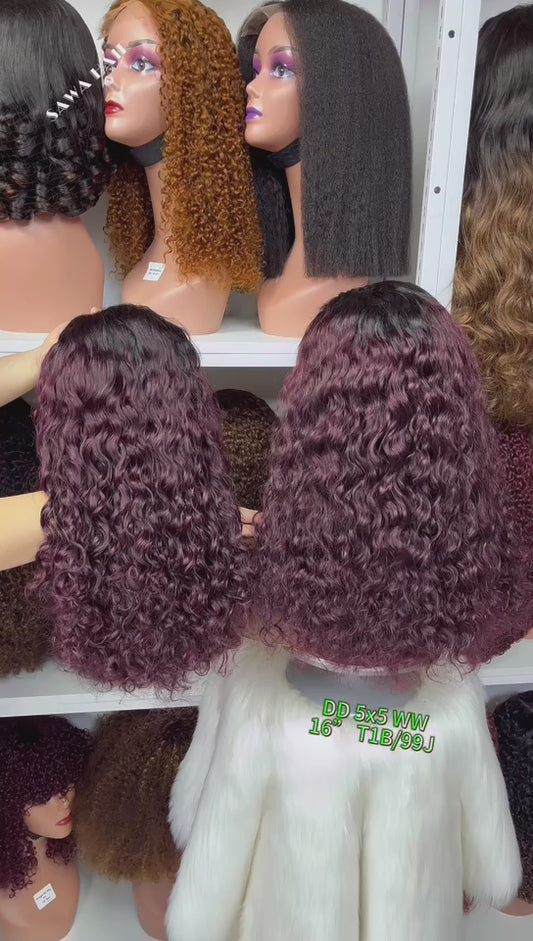 Double Drawn 5x5 Glueless Wig Water Wave Natural Human Hair Lace Wig Ombre Color T1B/4 16"
