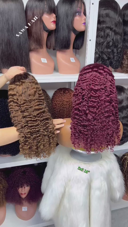 Double Drawn 5*5 Glueless Wig Burmese Curl Human Hair Wigs Color 99J 18"