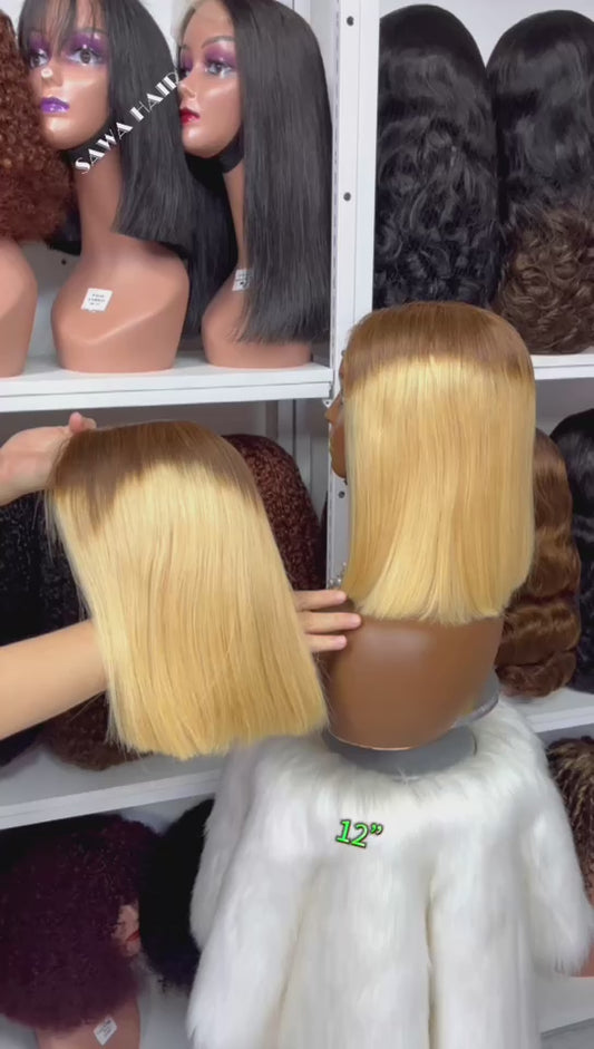 Super Double Drawn 5x5 Glueless Bob Wig Human Hair Lace Wigs Color T4/613#