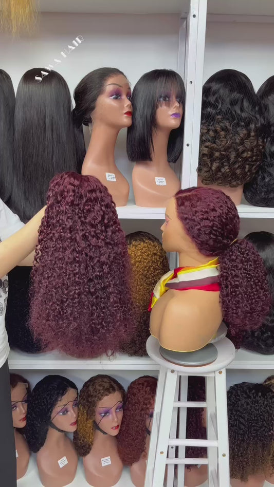 Doube Drawn 360 Glueless Lace Wig Pixie Curl Human Hair Wigs Wine Color 99J 14"