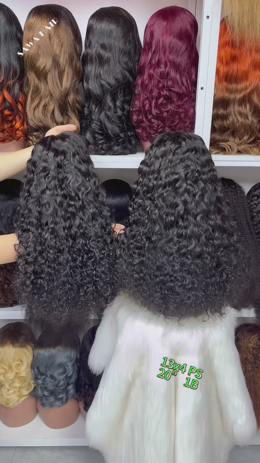 Double Drawn 13*4 Glueless Wig Pissy Curl Natural Human Hair Lace Wig Color 1B 250% Density