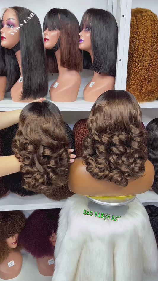 Double Drawn 5x5 Glueless Lace Wig Bouncy Curl Human Hair Wigs Natural Color 12"