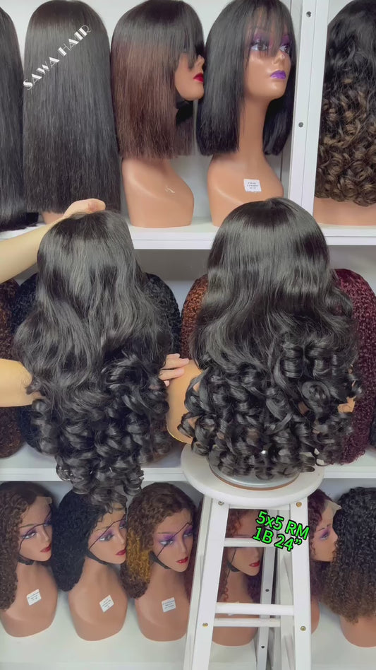 Double Drawn 5x5 Glueless Lace Wig Romance Bouncy Human Hair Wigs Natural Color 24"