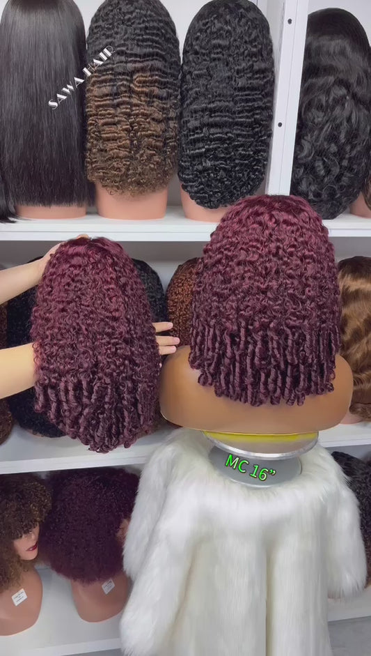 Double Drawn 13x4 Glueless Wig Magic Curl Natural Human Hair Wigs Wine Color 99J 16"