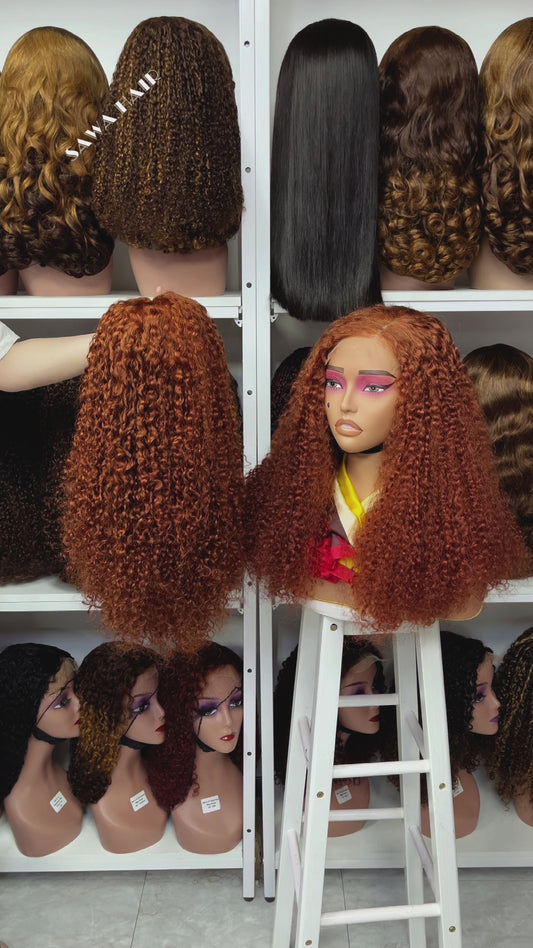 Double Drawn 5x5 Glueless Wig Pixie Curl Natural Human Hair Lace Wigs Ginger Color 33# 20inch