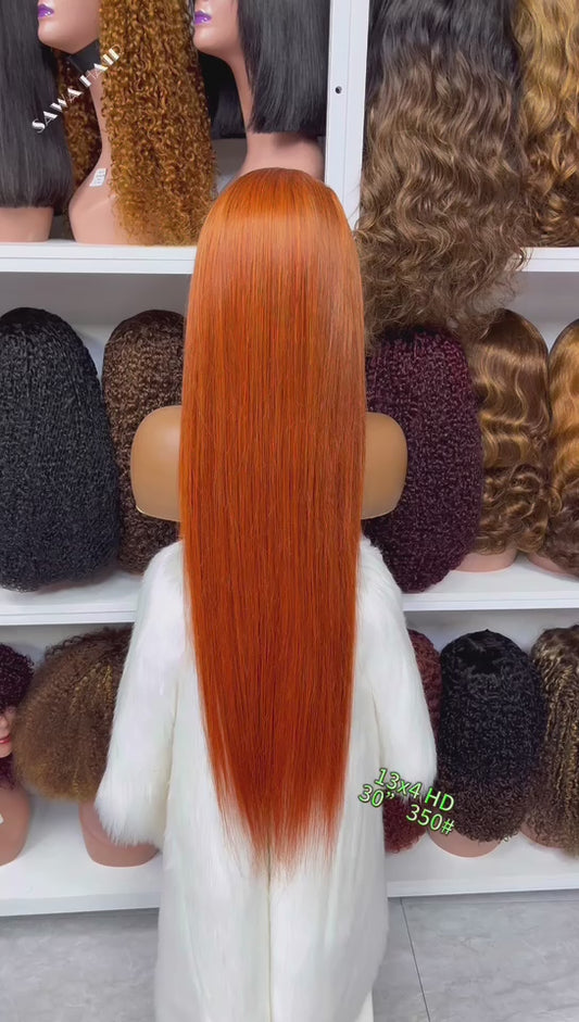 13x4 HD Swiss Lace Wig Straight Human Hair Wigs Ginger Color 350# 30"