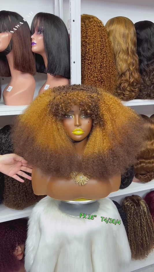 Fringe Double Drawn Wig Human Hair Pixie Curl Wigs 300% Density Ombre Color T4/30/4