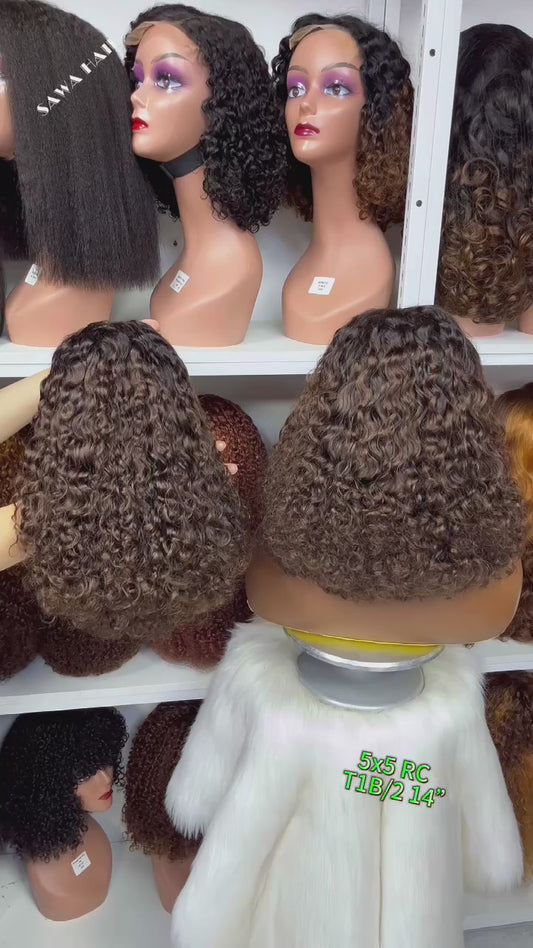 Double Drawn 5x5 Glueless Lace Wig Roma Curl Curly Human Hair Wigs 14" Ombre Color T1B/2