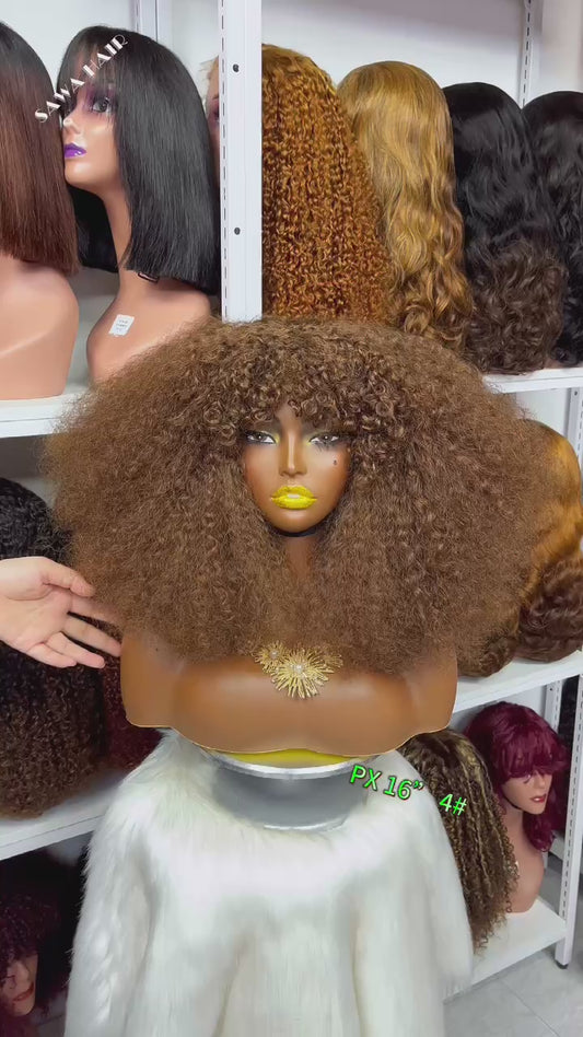 Fringe Double Drawn Wig Human Hair Pixie Curl Wigs 300% Density Brown Color 4#