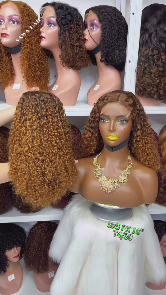 16" Double Drawn 5x5 Glueless Wig Pixie Curl Natural Human Hair Lace Wigs Ombre Color T4/30