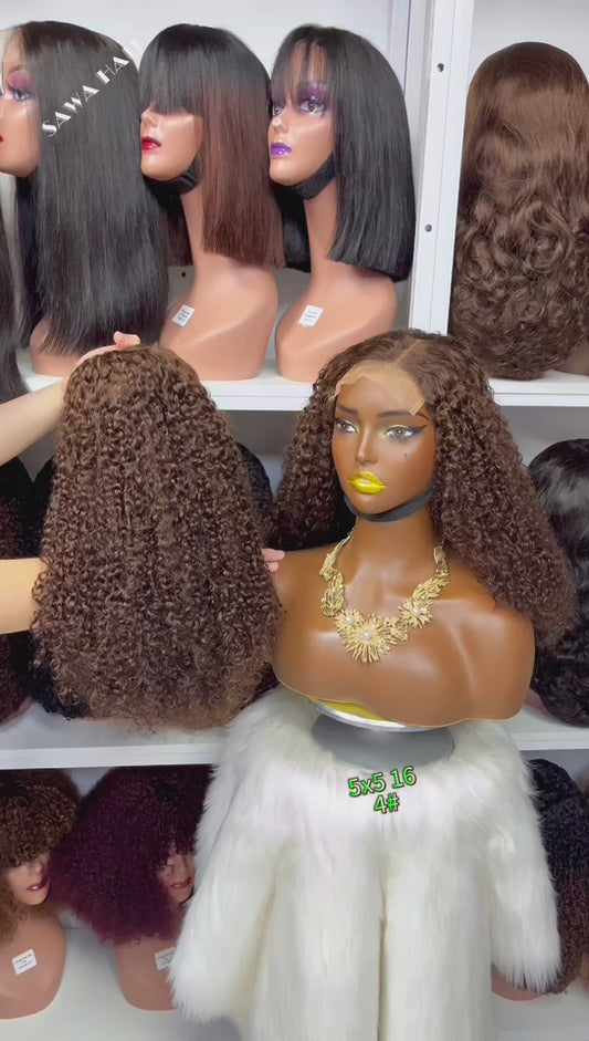 16" Double Drawn 5x5 Glueless Wig Pixie Curl Natural Human Hair Lace Wigs Wine Color 99J