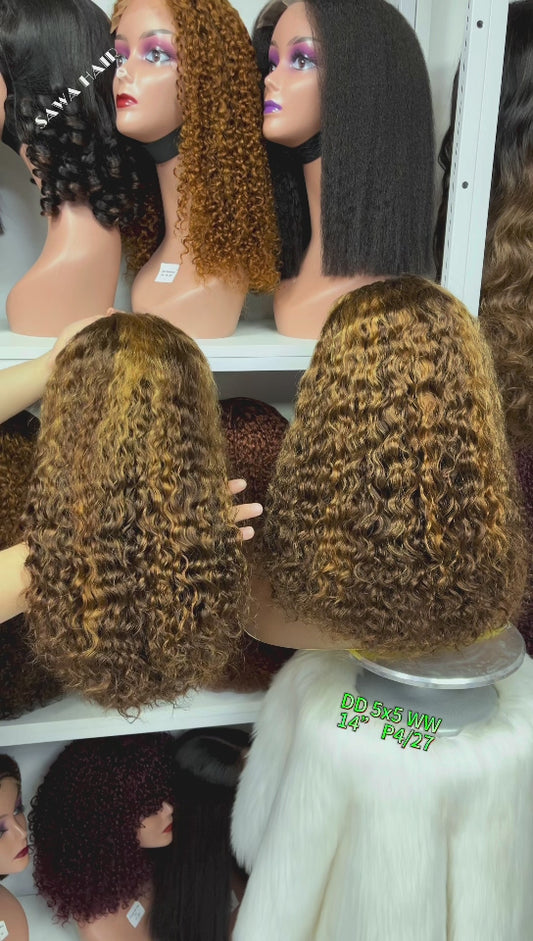 Double Drawn 5x5 Glueless Wig Water Wave Natural Human Hair Lace Wig Piano Color P4/30 14"