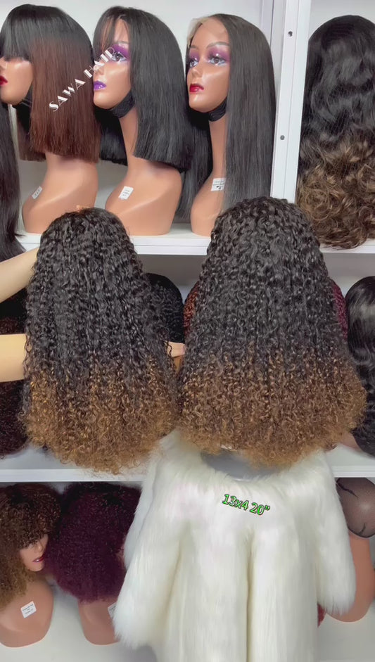Double Drawn 13x4 Glueless Wig Pixie Curl Natural Human Hair Lace Wigs Ombre Color T1B/4 20"