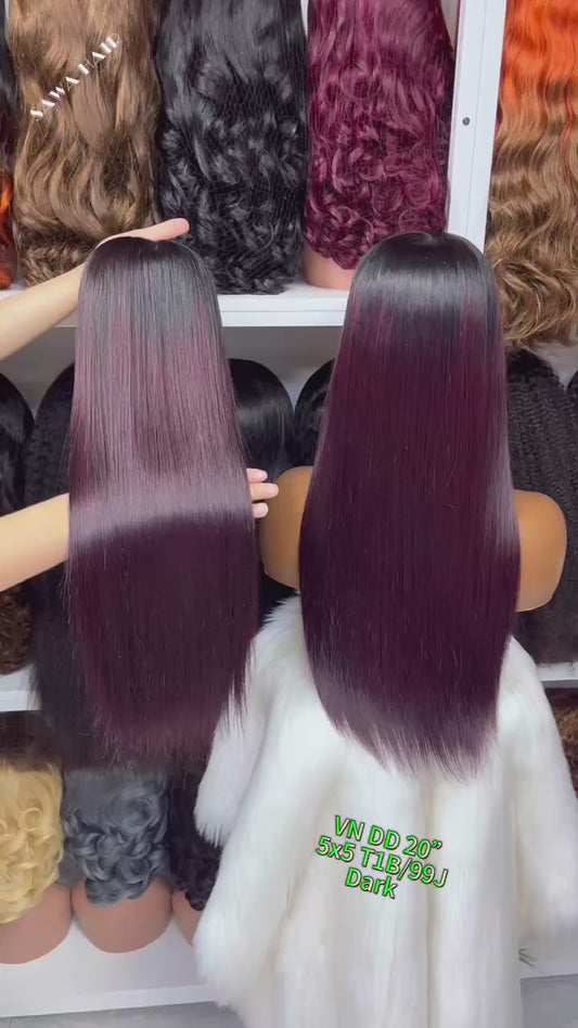 Vietnam Double Drawn 5x5 Glueless Wig Bone Straight Human Hair Lace Wigs Color T1B/99J(Dark) 20inches